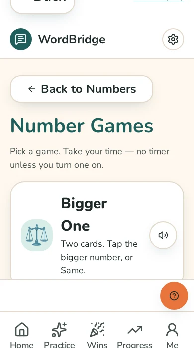 Real WordBridge screen: Simple practice choices