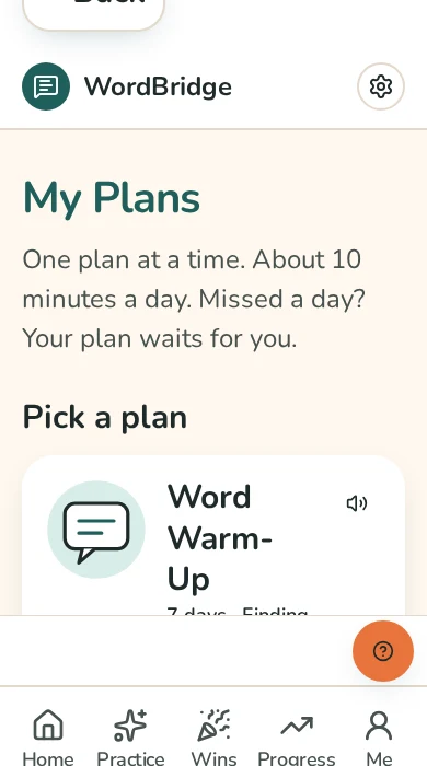Real WordBridge screen: Plans for small steps