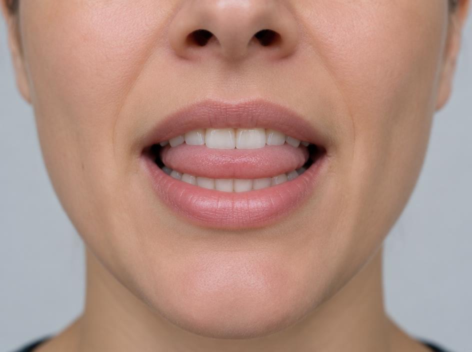 Real mouth position for th (quiet), with the tongue tip between the front teeth